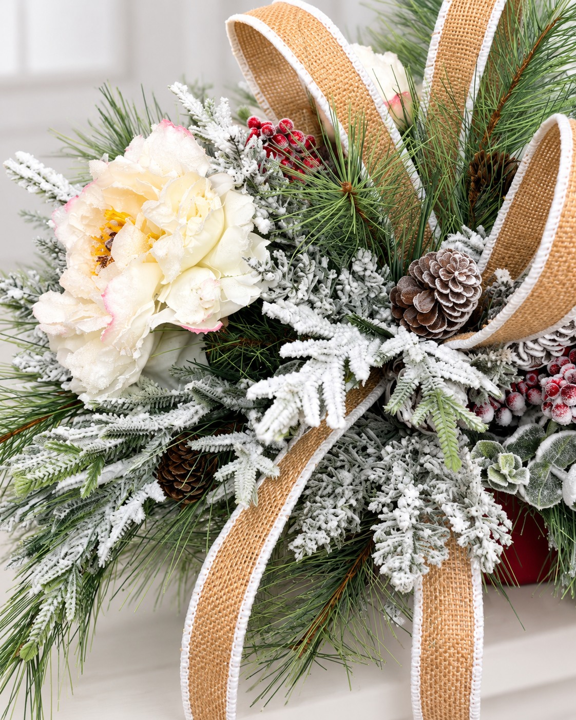 Rustic Glam Christmas Arrangement with Snowy Peonies & Burlap Ribbon TCT Crafts