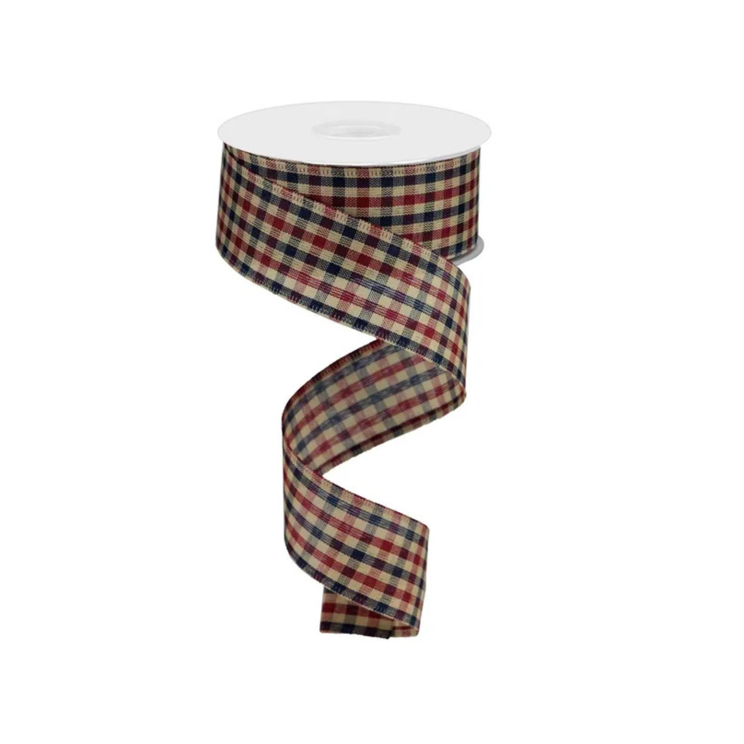 Primitive Gingham Check Wired Ribbon Navy Burgundy Tan 1.5"x10yd-RG013202E Craig Bachman
