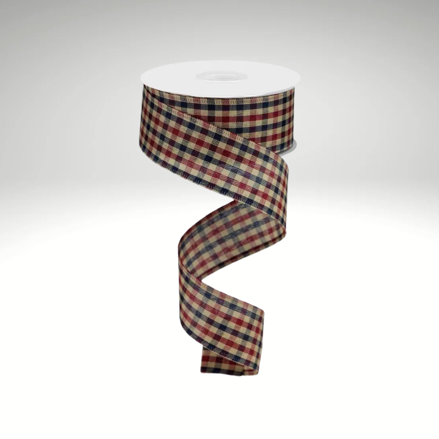 Primitive Gingham Check Wired Ribbon Navy Burgundy Tan 1.5"x10yd-RG013202E Craig Bachman