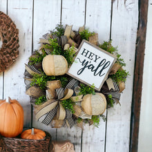 Load image into Gallery viewer, 26&quot; Neutral Fall Front Door Wreath with &#39;Hey Y&#39;all&#39; Sign, Burlap Foam Pumpkins, and Decorative Ribbons - Autumn Door Decor-TCT1666