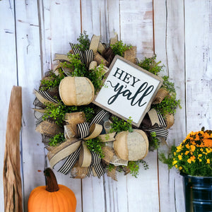 26" Neutral Fall Front Door Wreath with 'Hey Y'all' Sign, Burlap Foam Pumpkins, and Decorative Ribbons - Autumn Door Decor-TCT1666