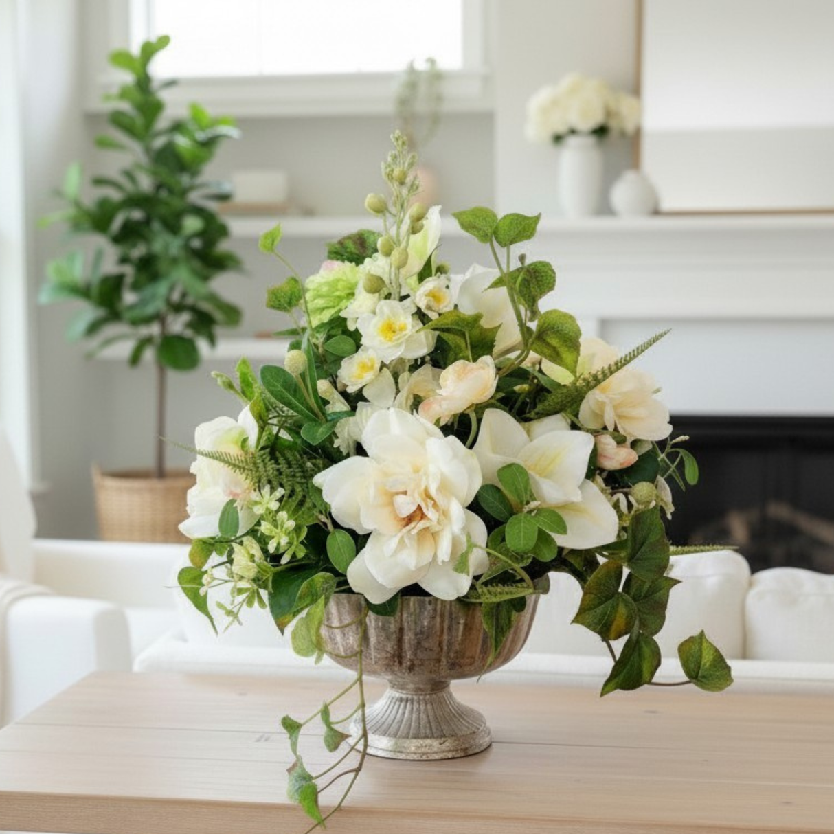 Neutral Cream Green Rose Arrangement in Silver Compote for Elegant Decor TCT Crafts