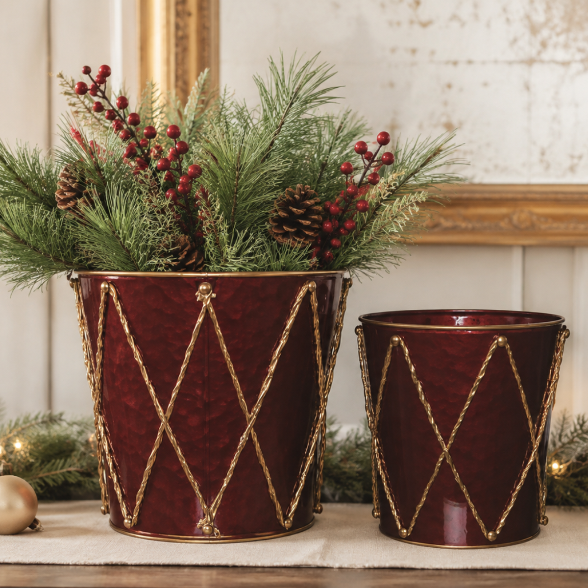 Nutcracker Drum Nesting Container Set — Red Gold Christmas Tabletop Planters, Set of 2-TC02147 Transpac