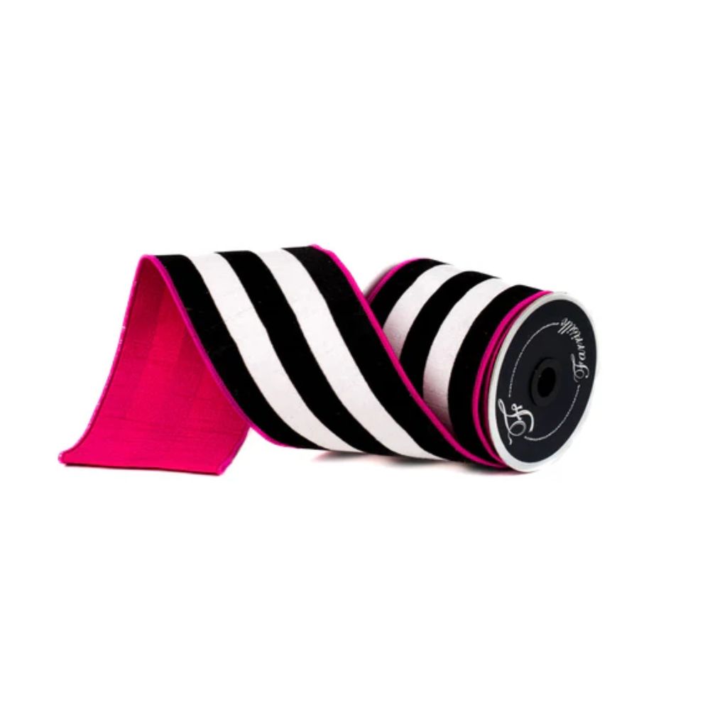 4"x10yd Velvety Stripes Hot Pink, Black, and White Wired Designer Ribbon – Bold Craft and Decor | TCT Crafts I RK631-08