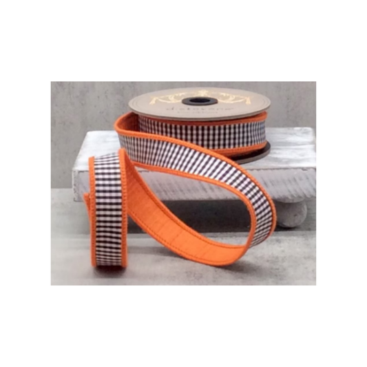 D. Stevens Orange Black Mini Check Wired Ribbon | 1 Inch Faux Dupion-87-1635 D.Stevens