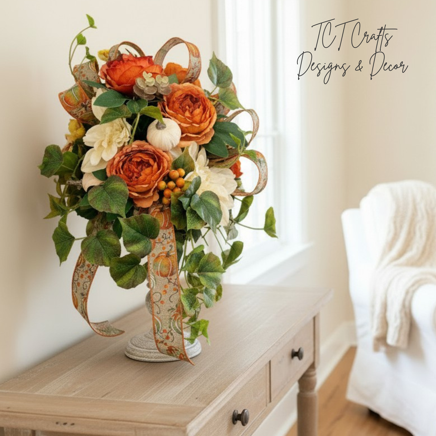 Fall Candlestick Arrangement with Dahlia Roses Ivy and Pumpkin Decor TCT Crafts