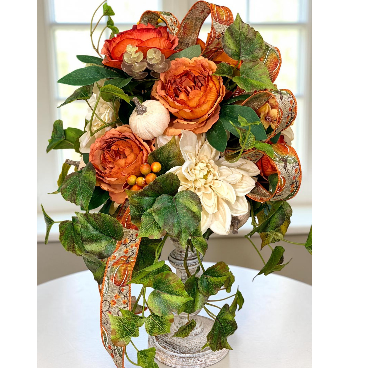 Fall Candlestick Arrangement with Dahlia Roses Ivy and Pumpkin Decor TCT Crafts