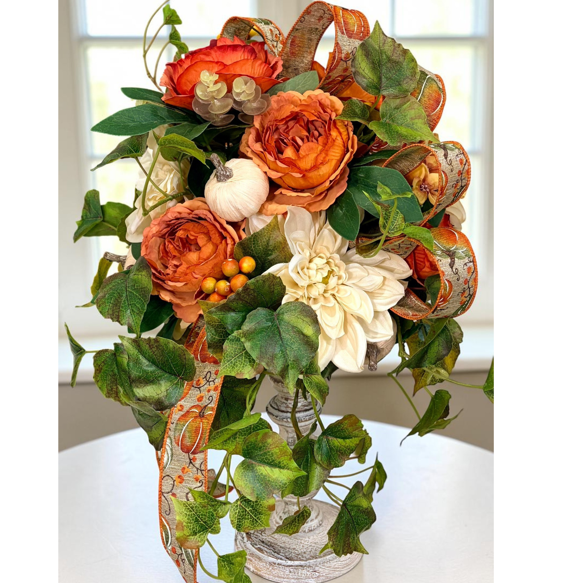 Fall Candlestick Arrangement with Dahlia Roses Ivy and Pumpkin Decor TCT Crafts