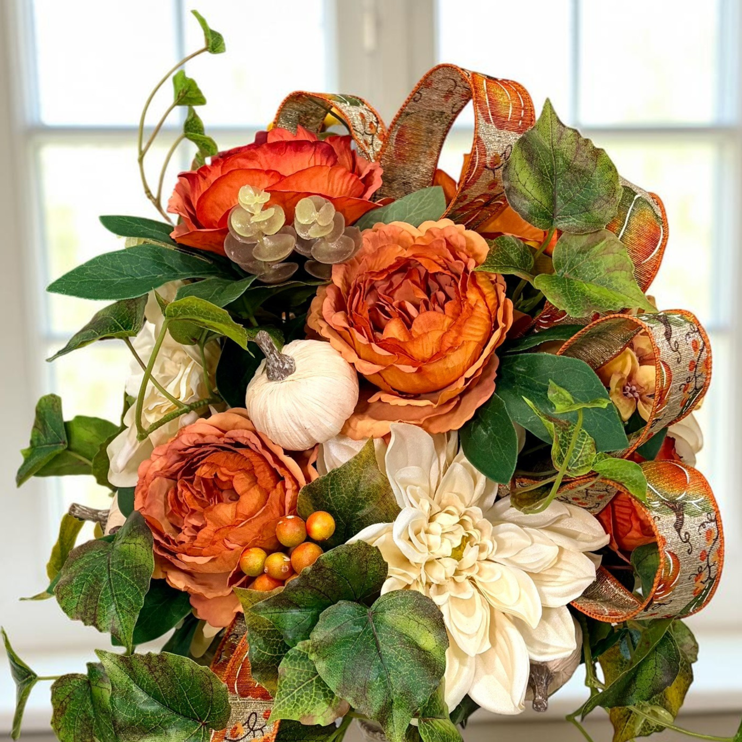 Fall Candlestick Arrangement with Dahlia Roses Ivy and Pumpkin Decor TCT Crafts