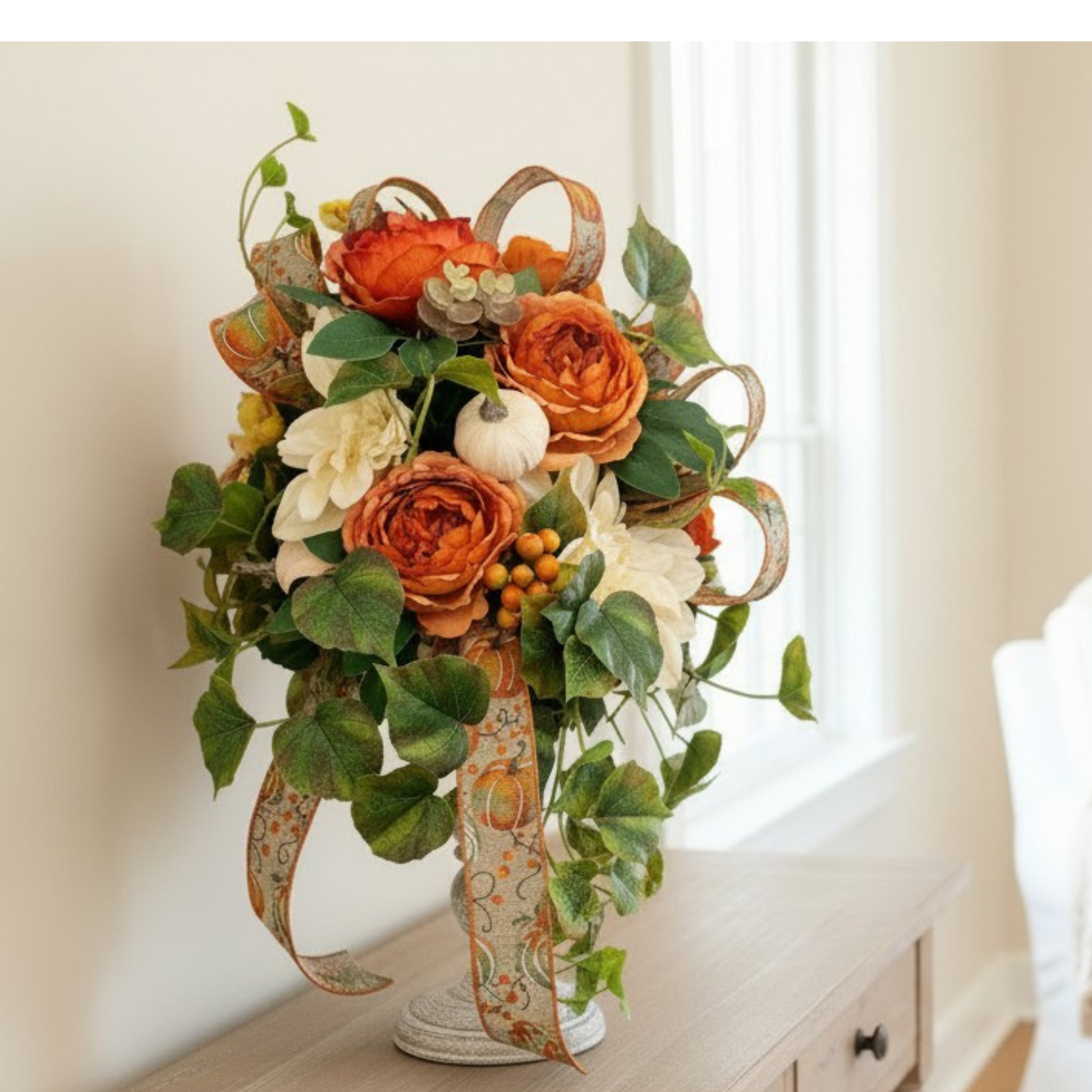 Fall Candlestick Arrangement with Dahlia Roses Ivy and Pumpkin Decor TCT Crafts