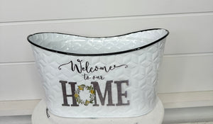 White Oval Metal Welcome to Our Home Lemon Planter with Liner - 11"x6"x5.75" - Chic Indoor/Outdoor Decor (CM1374)