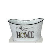 Load image into Gallery viewer, White Oval Metal Welcome to Our Home Lemon Planter with Liner - 11&quot;x6&quot;x5.75&quot; - Chic Indoor/Outdoor Decor (CM1374)