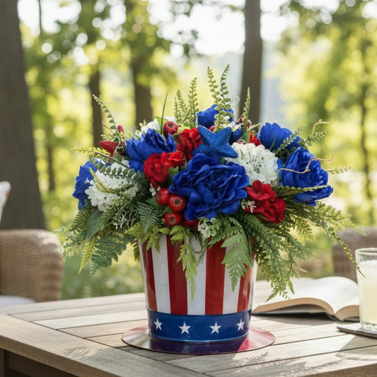 Patriotic 4th of July Floral Arrangement in Americana Metal Container TCT Crafts