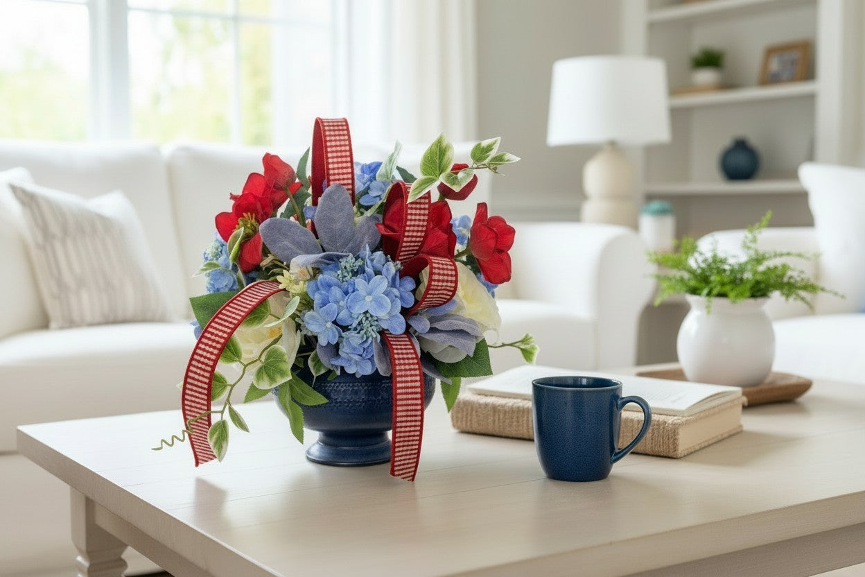 Patriotic Floral Centerpiece in Blue Compote for Summer Home Decor TCT Crafts