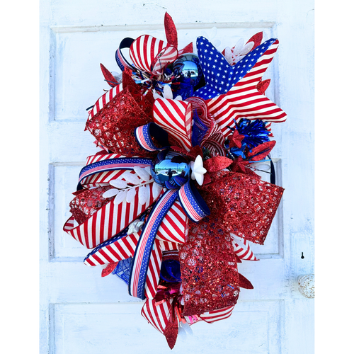 Patriotic American Flag Wreath, 4th of July Red White and Blue Door Decor, Glittery Festive Holiday Wreath,  Memorial Day Swag by TCT Crafts
