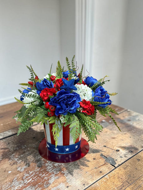Patriotic 4th of July Floral Arrangement in Americana Metal Container TCT Crafts
