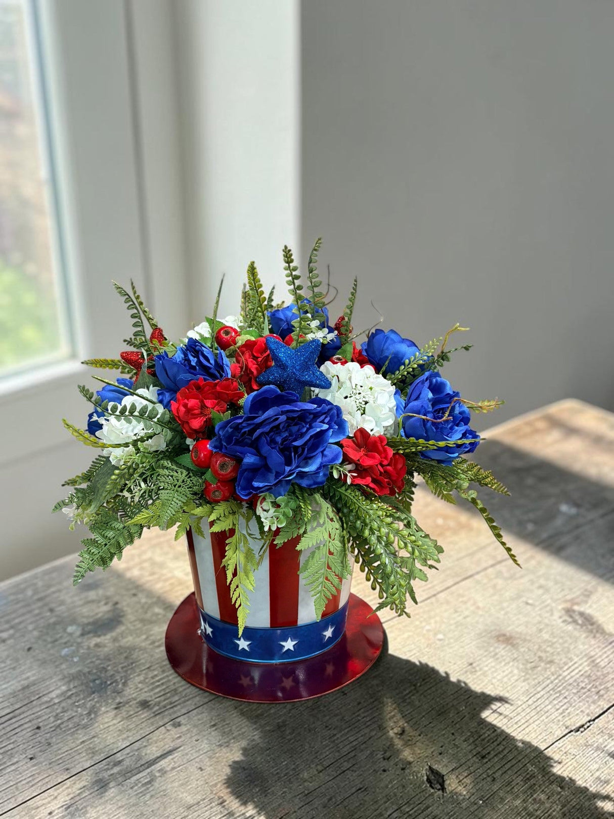 Patriotic 4th of July Floral Arrangement in Americana Metal Container TCT Crafts