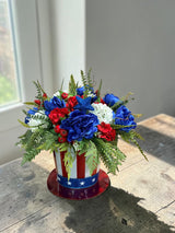 Patriotic 4th of July Floral Arrangement in Americana Metal Container TCT Crafts
