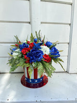 Patriotic 4th of July Floral Arrangement in Americana Metal Container TCT Crafts
