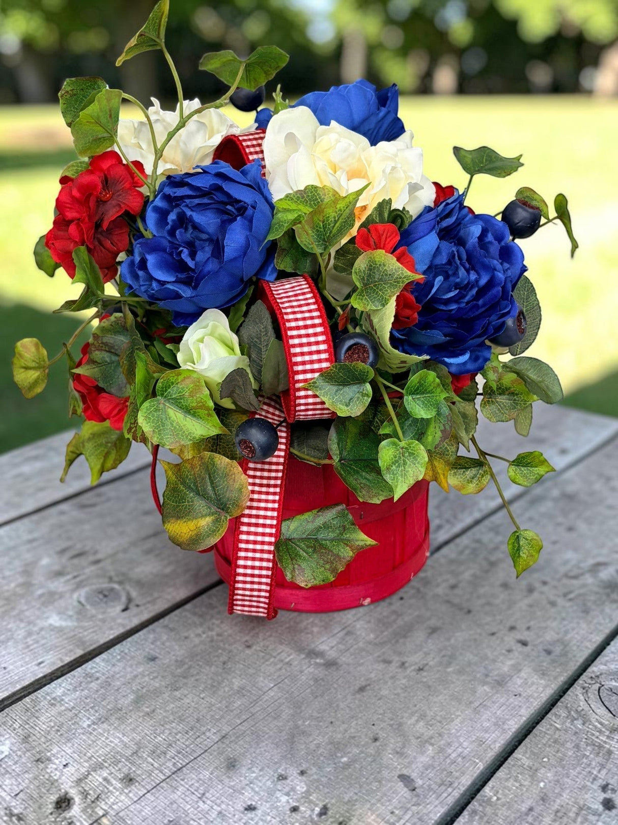 Patriotic Basket Arrangement in Red Basket for Summer Home Decor TCT Crafts