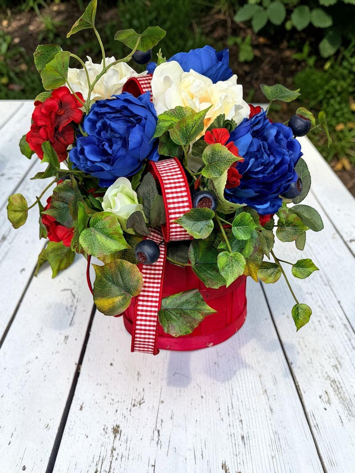 Patriotic Basket Arrangement in Red Basket for Summer Home Decor TCT Crafts