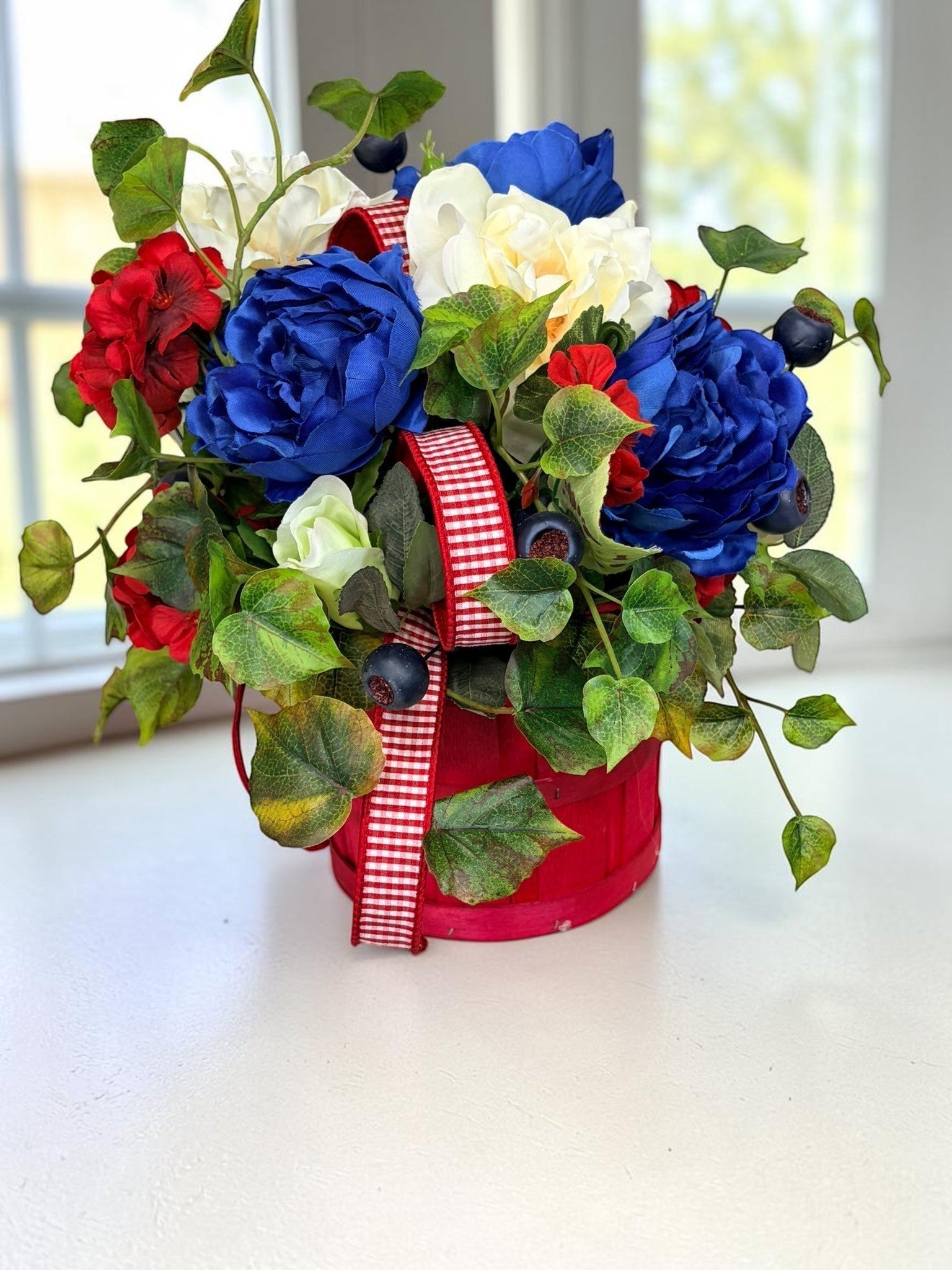 Patriotic Basket Arrangement in Red Basket for Summer Home Decor TCT Crafts