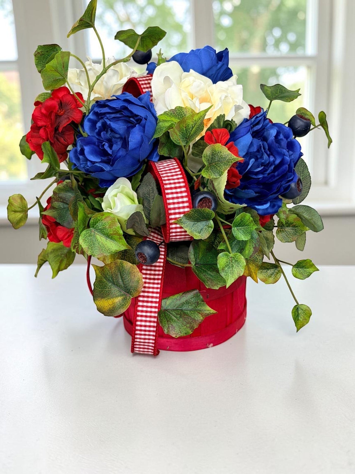 Patriotic Basket Arrangement in Red Basket for Summer Home Decor TCT Crafts