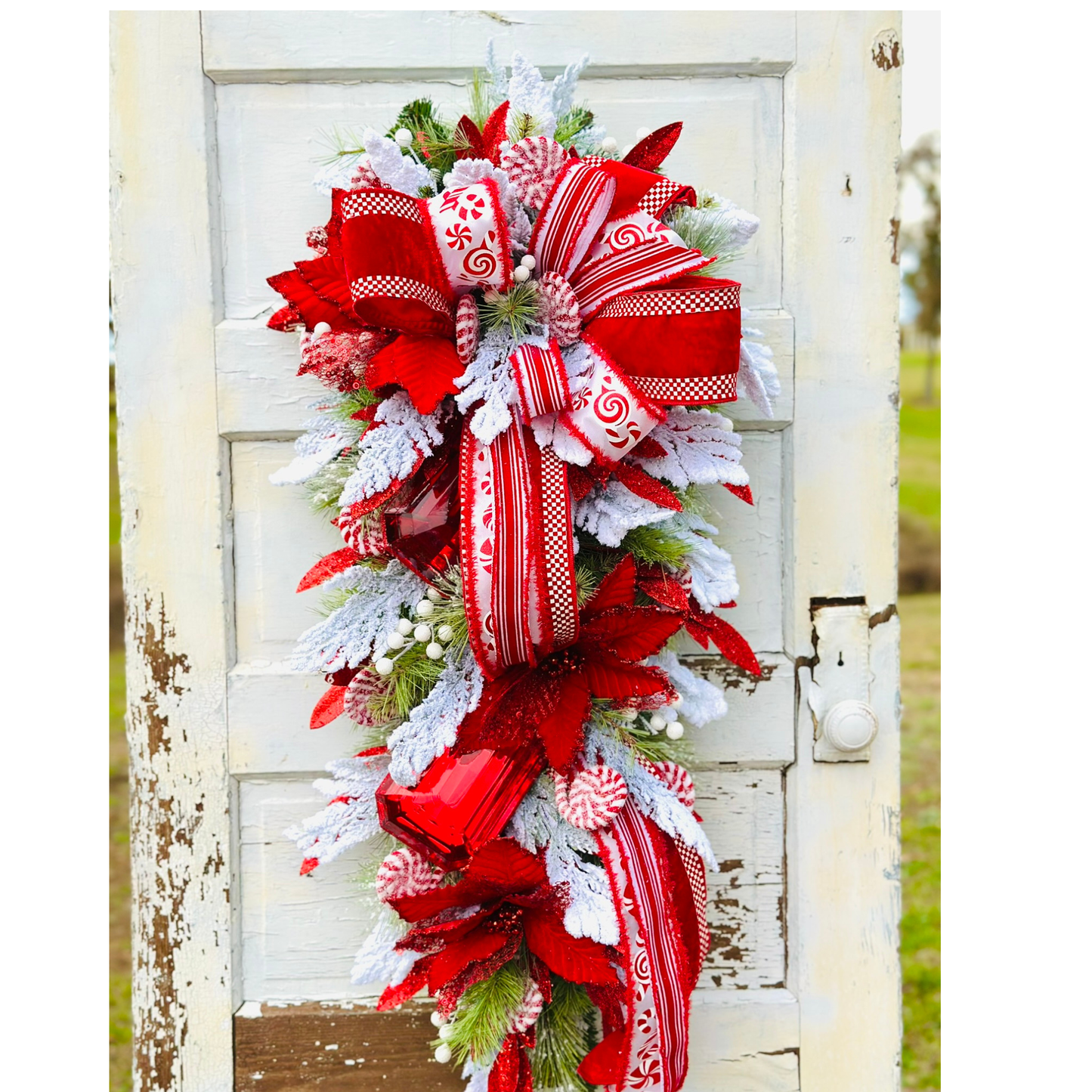 XL Peppermint Christmas Swag | Red Velvet Holiday Door Swag with Ornaments & Designer Ribbon TCT Crafts