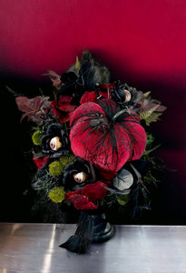 Spooky Glam Halloween Arrangement - Elegant Black Candlestick with Burgundy Foam Pumpkin and Halloween Florals-TCT1674