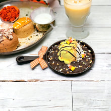 Load image into Gallery viewer, Decorative Faux Chocolate Skillet Cookie with Candy Corn Colored Ice Cream - 6&quot; Mini Cast Iron Pan Decor