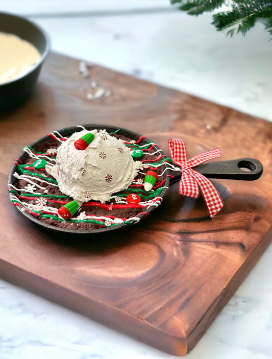 Decorative Faux Chocolate Skillet Brownie Cookie with Traditional Red/Green Christmas Holiday Sprinkles - 6" Mini Cast Iron Pan Decor