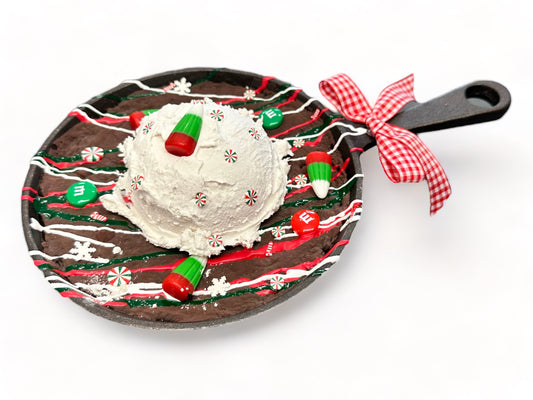 Decorative Faux Chocolate Skillet Brownie Cookie with Traditional Red/Green Christmas Holiday Sprinkles - 6" Mini Cast Iron Pan Decor