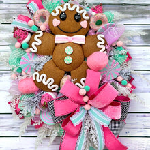 Load image into Gallery viewer, Christmas Holiday Wreath - Pink Mint Green White - Front Door Wreath-Gingerbread Theme - Velvet Ribbon - Glitter Sprays - TCT1681