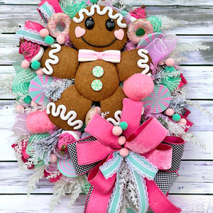Christmas Holiday Wreath - Pink Mint Green White - Front Door Wreath-Gingerbread Theme - Velvet Ribbon - Glitter Sprays - TCT1681
