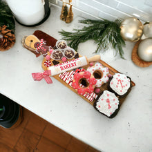 Load image into Gallery viewer, Faux Peppermint Themed Christmas Charcuterie Board | Festive Holiday Decor | 16x5 Wooden Cutting Board l Holiday Kitchen Decor