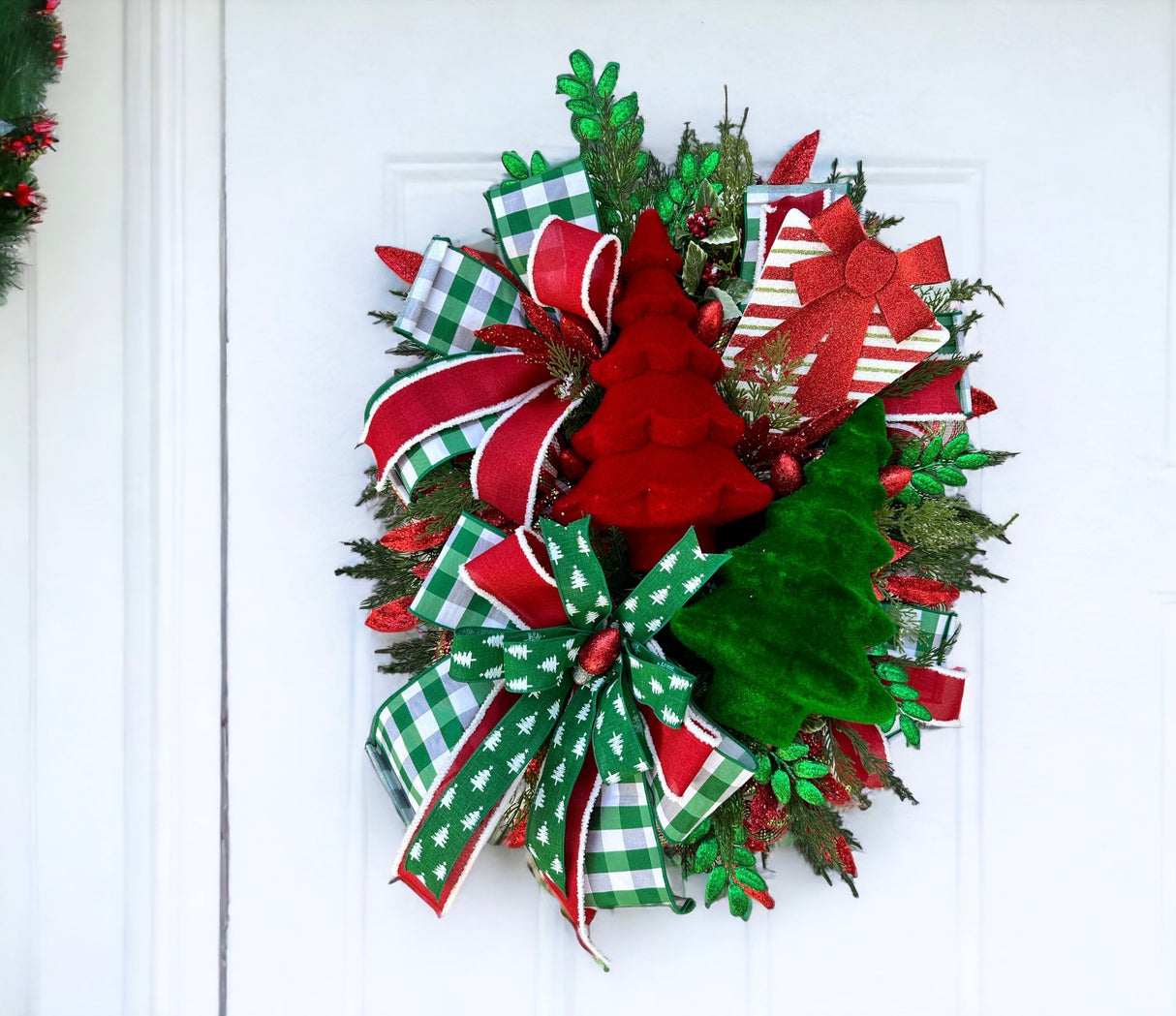 Festive Traditional Red/Green Christmas Tree Wreath - Holiday Decor - Artificial Pine - Glitter Sprays - Cedar Wreath-Red and Green Holiday TCT Crafts