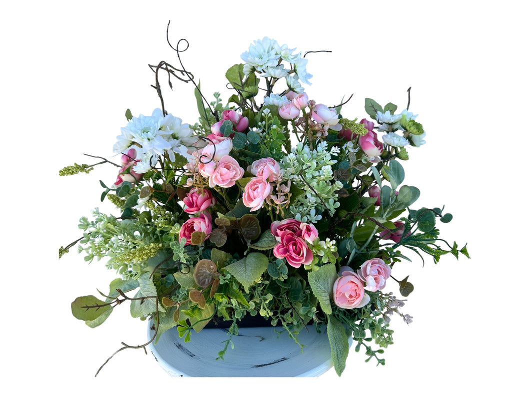 Artificial Daisy & Ranunculus Spring Centerpiece - Lush Mixed Greenery Table Decor for Home, Seasonal Floral Display for Mother's Day Gift
