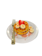 Load image into Gallery viewer, Fake Waffle Plate Display - Decorative Food Prop with Faux Strawberry sauce and faux bananas and strawberry, Ideal for Photoshoots and Home Decor
