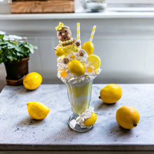 Load image into Gallery viewer, Yellow Summer Lemon Faux Extreme Shake Decor with Gingerbread Girl, Whimsical Kitchen Art, Fake Food Display, Summer Kitchen Decor