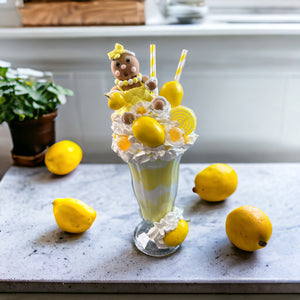 Yellow Summer Lemon Faux Extreme Shake Decor with Gingerbread Girl, Whimsical Kitchen Art, Fake Food Display, Summer Kitchen Decor