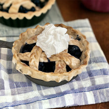 Load image into Gallery viewer, Mini Faux Blueberry Pie in Cast Iron Skillet, 4&quot; Patriotic Tiered Tray Decor, Handcrafted Fake Pie Display by TCT Crafts