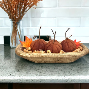 Handmade Primitive Cinnamon Pumpkin Set with Spice-Scented Putka Pods in Wooden Dough Bowl, Fall Vignette Decor by TCT Crafts