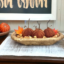 Load image into Gallery viewer, Handmade Primitive Cinnamon Pumpkin Set with Spice-Scented Putka Pods in Wooden Dough Bowl, Fall Vignette Decor by TCT Crafts