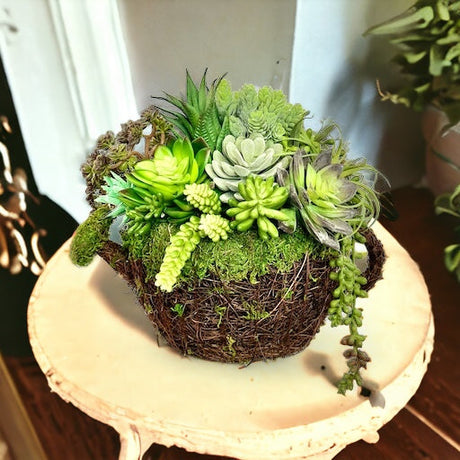 Faux Succulent Arrangement in Grapevine/Moss Watering Can Planter | 12x12 Inches | Indoor Greenery Decor for Home or Office I TCT Crafts TCTCrafts