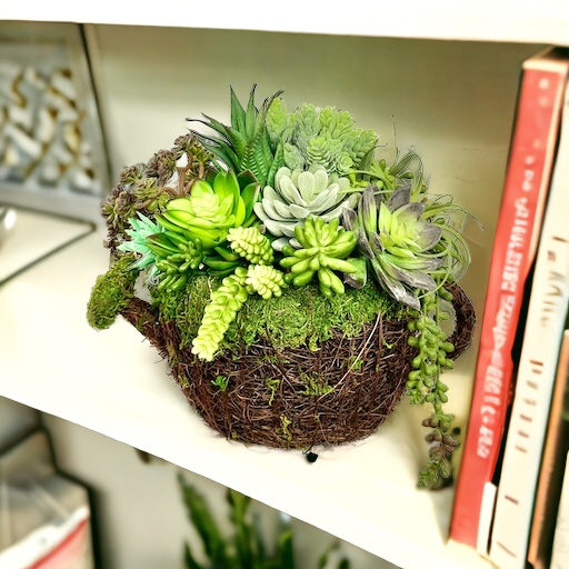 Faux Succulent Arrangement in Grapevine/Moss Watering Can Planter | 12x12 Inches | Indoor Greenery Decor for Home or Office I TCT Crafts TCTCrafts