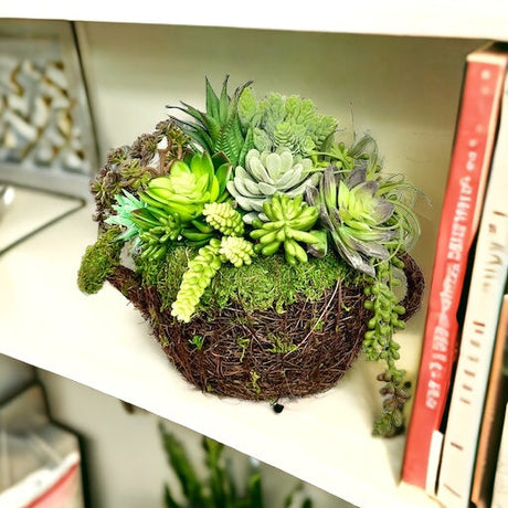 Faux Succulent Arrangement in Grapevine/Moss Watering Can Planter | 12x12 Inches | Indoor Greenery Decor for Home or Office I TCT Crafts TCTCrafts