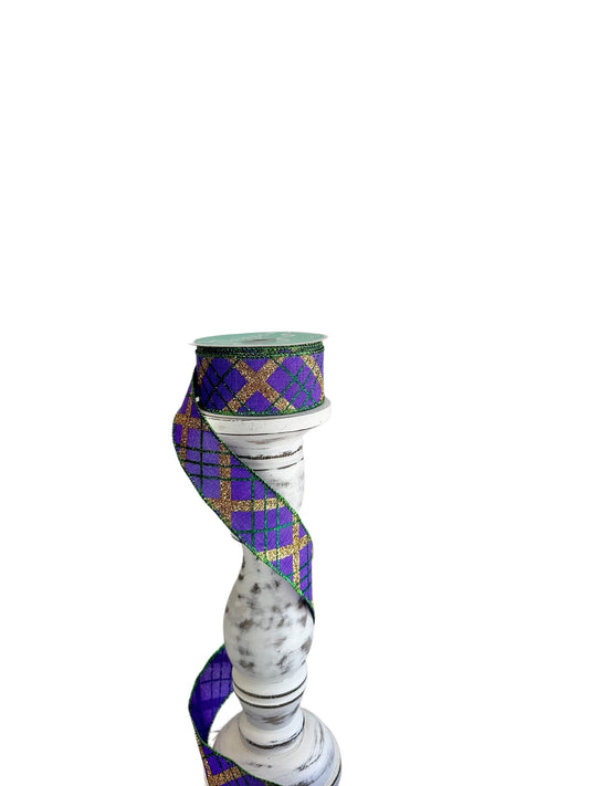 Purple/Green/Gold Mardi Gras Wired Ribbon Roll 1.5inx10yd -Festive Crafting and Wreath Decor Ribbon (RGA122223)