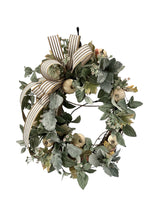 Load image into Gallery viewer, Neutral Fall Pumpkin Grapevine Wreath with Artificial Sage, Dusty Miller &amp; Striped Bow - 22x18 Inches - Elegant Farmhouse Decor