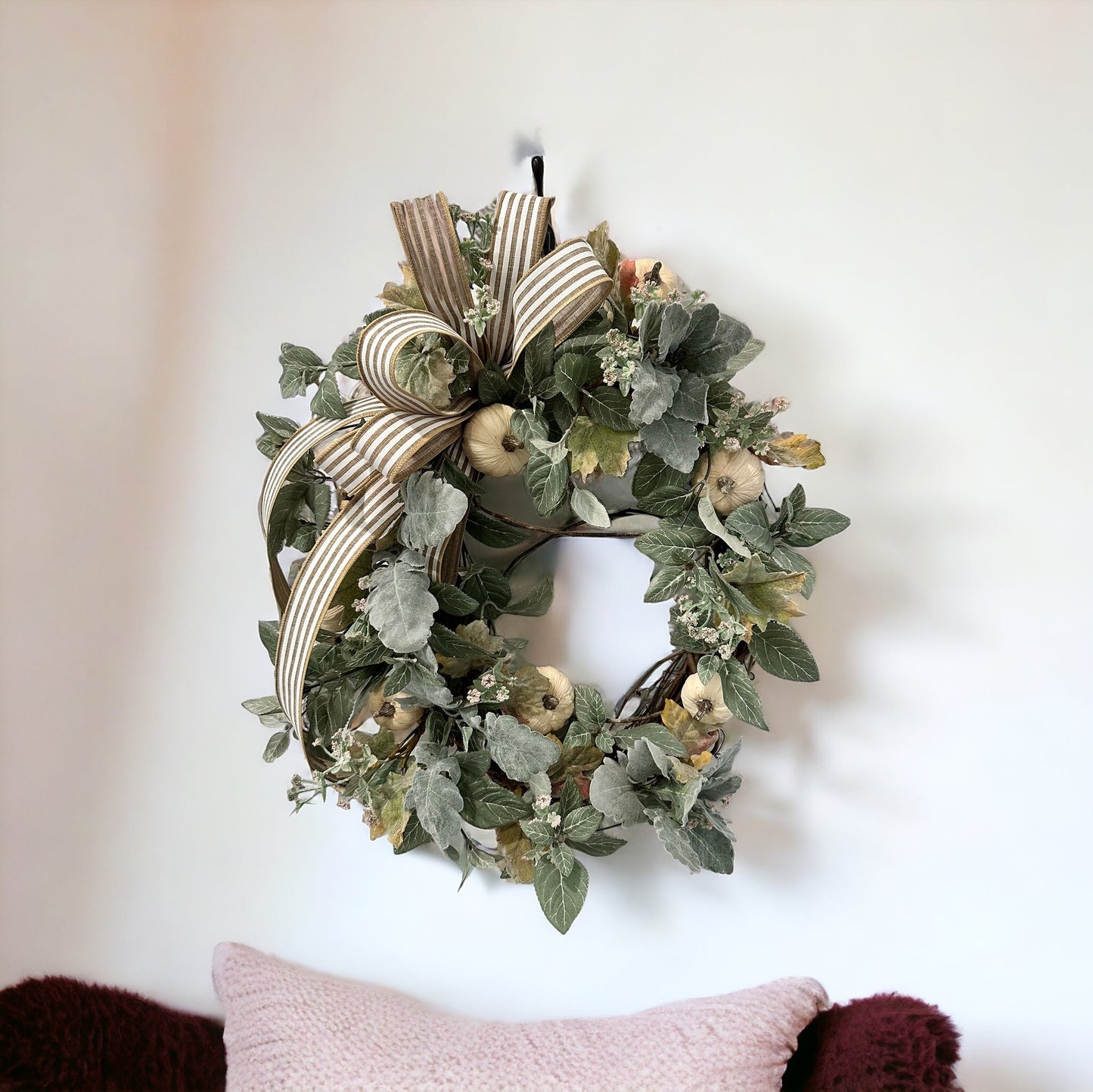 Neutral Fall Pumpkin Grapevine Wreath with Artificial Sage, Dusty Miller & Striped Bow - 22x18 Inches - Elegant Farmhouse Decor