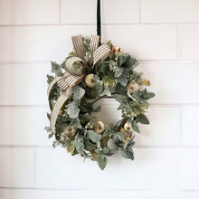 Load image into Gallery viewer, Neutral Fall Pumpkin Grapevine Wreath with Artificial Sage, Dusty Miller &amp; Striped Bow - 22x18 Inches - Elegant Farmhouse Decor